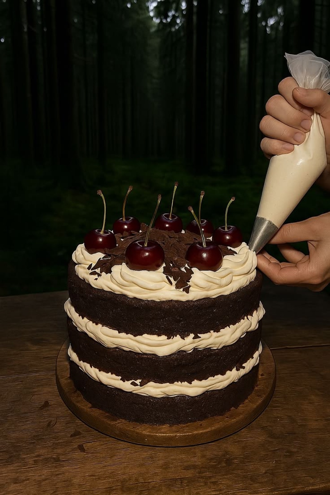 Piping cream onto a black forest cake